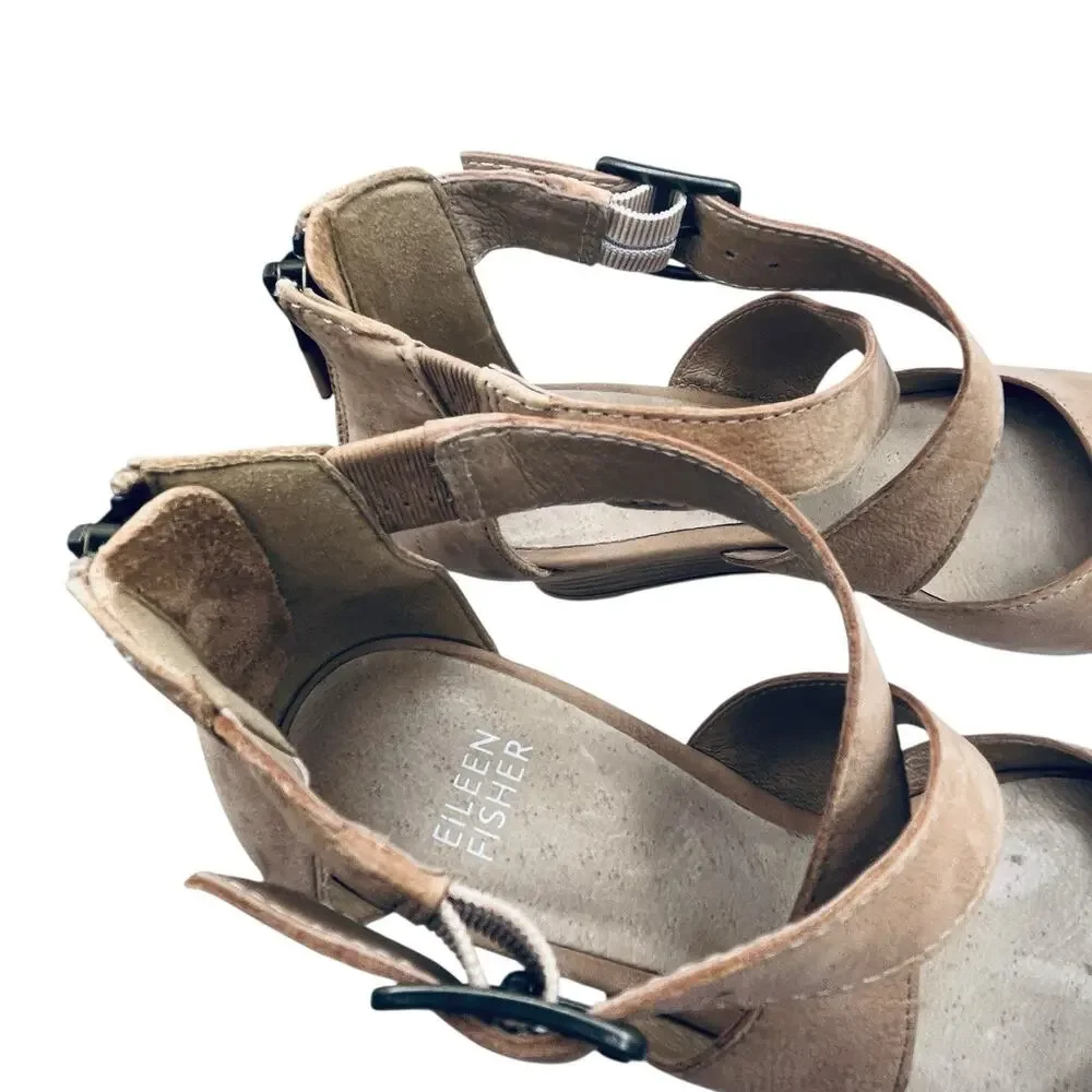 Eileen Fisher Carole Sandals Wedges Women Size 7 Tan Caramel Ankle Strap 3 Inch